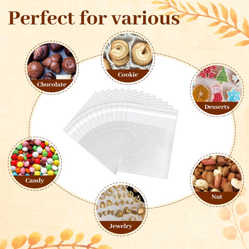 YunKo 200 Pack Self Sealing Clear Cookie Bags with Polka Dots & Thank You Stickers â€“ 4x4 Inch Resealable Treat Bags for Cookies, Candy, Chocolate, Bakery Goods, Party Favors - Image 5